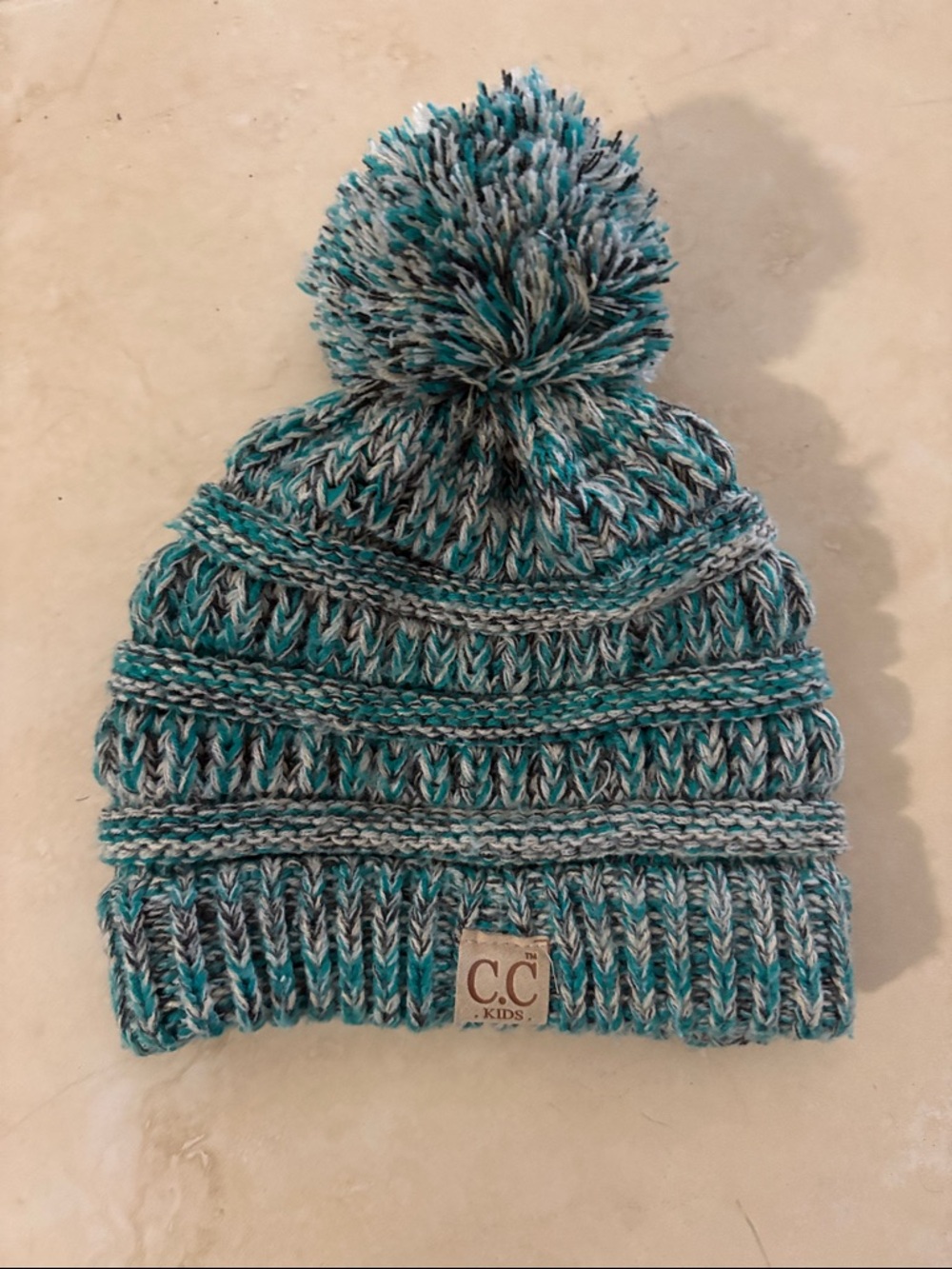C.C Kids Teal & Gray Pom Pom Knit Hat